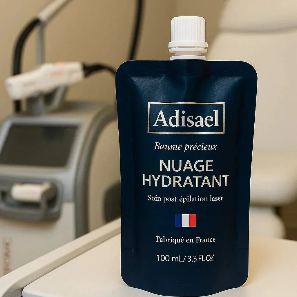 Sachet bleu Adisael Baume précieux Nuage Hydratant soin post-épilation laser fabriqué en France 100 ml