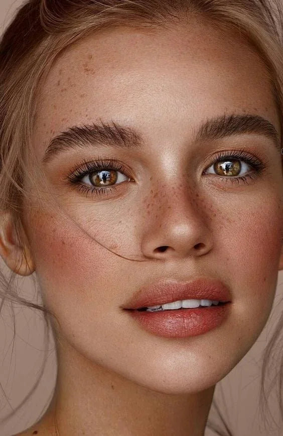 Portrait rapproché d'une femme lumineuse avec teint naturel, peau nette, blush subtil et regard éclatant
