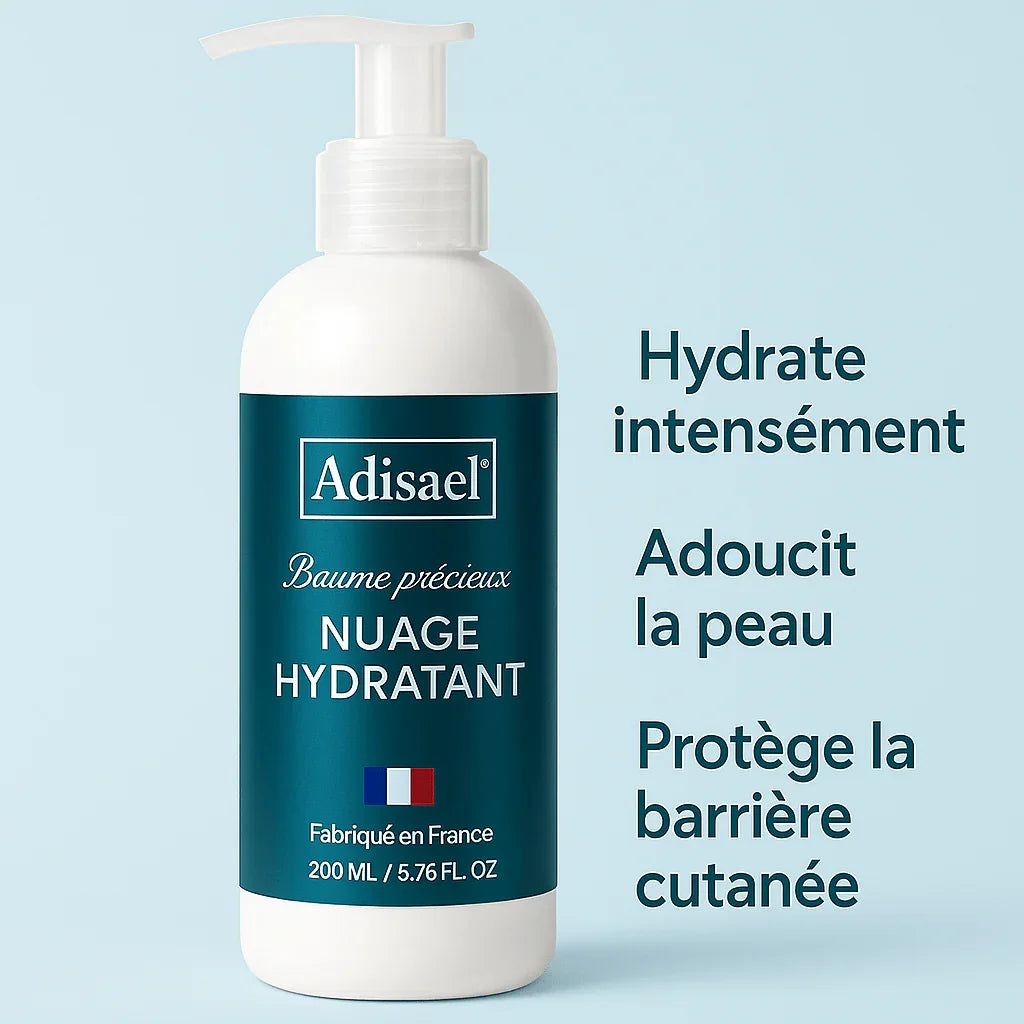 Adisael Nuage Hydratant moisturizing body balm bottle with French flag, hydrates, softens, and protects skin barrier