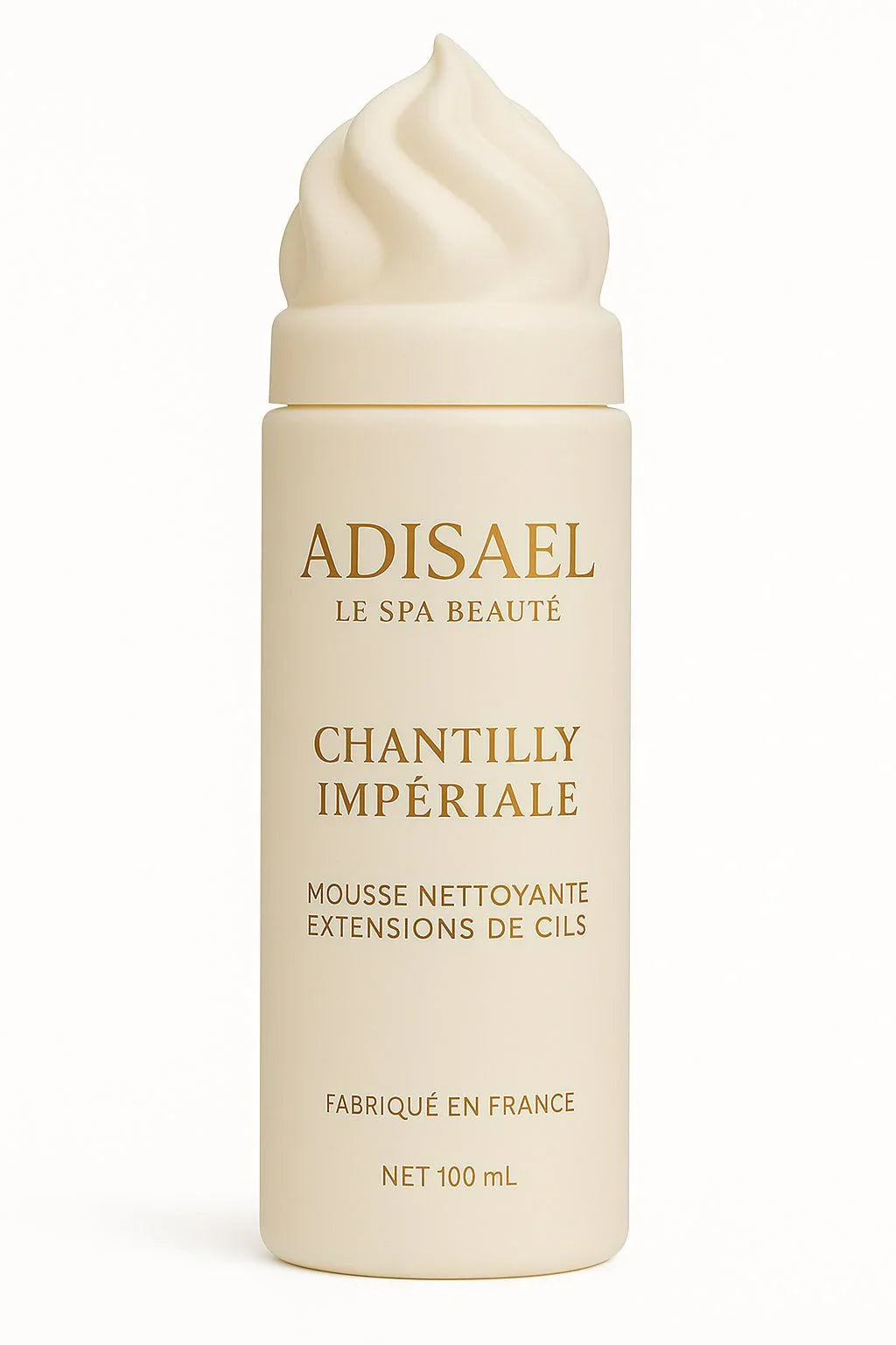 Adisael Chantilly Impériale mousse nettoyante for eyelash extensions in beige bottle with whipped cream style cap