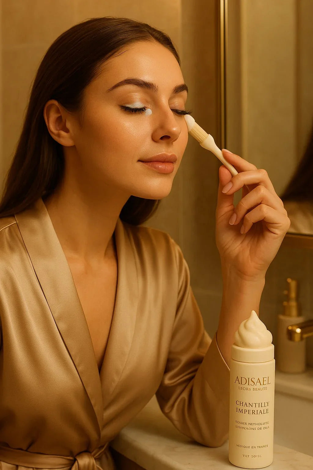 Woman in satin robe applying Adisael Chantilly Imperiale mousse cleanser near eye in elegant bathroom