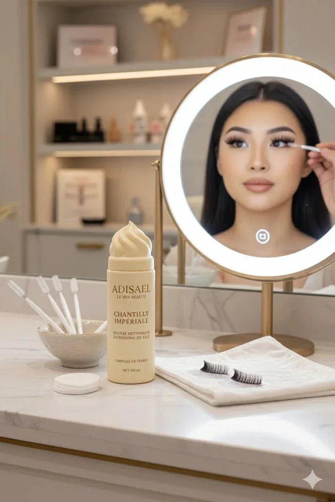 ADISAEL Chantilly Impériale cleansing mousse with applicators and eyelashes on marble vanity, woman applying lashes in illuminated mirror