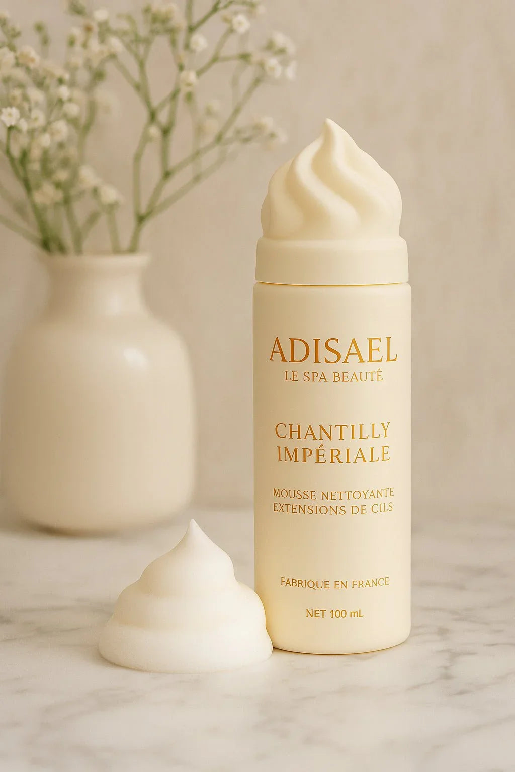 Adisael Chantilly Impériale eyelash extension cleansing mousse with foam on marble surface and blurred white vase with flowers