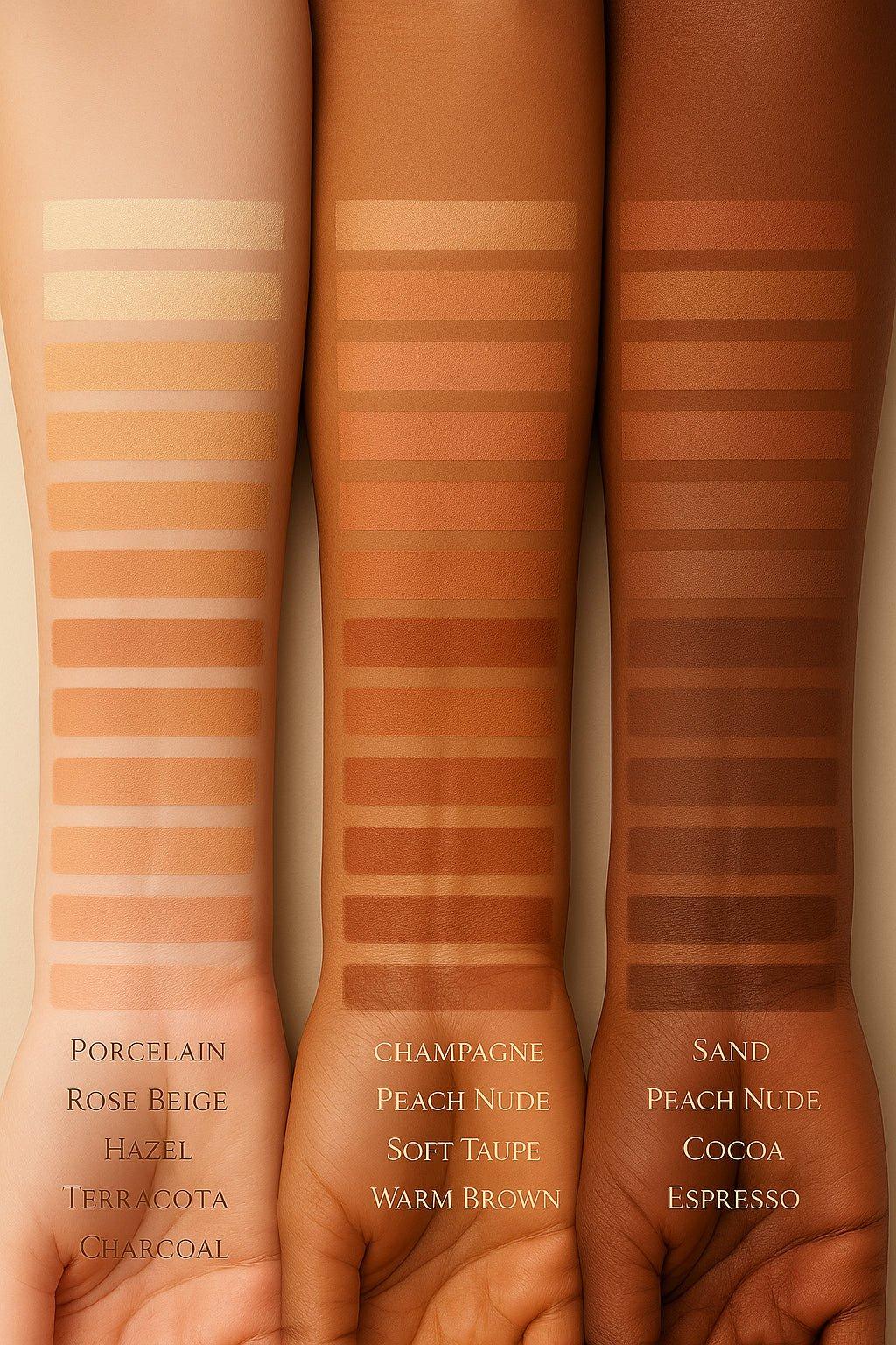 Palette de 12 nuances universelles de maquillage nude sur différents tons de peau, de clair à foncé, Adisael