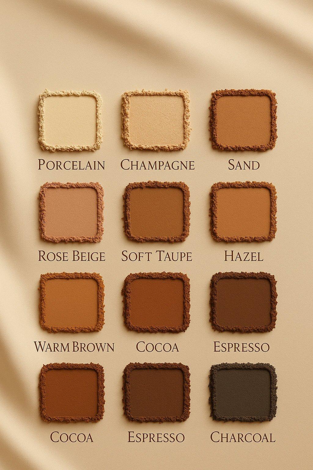 Palette de 12 teintes nudes universelles Adisael avec couleurs poudre cosmétiques allant de Porcelain à Charcoal