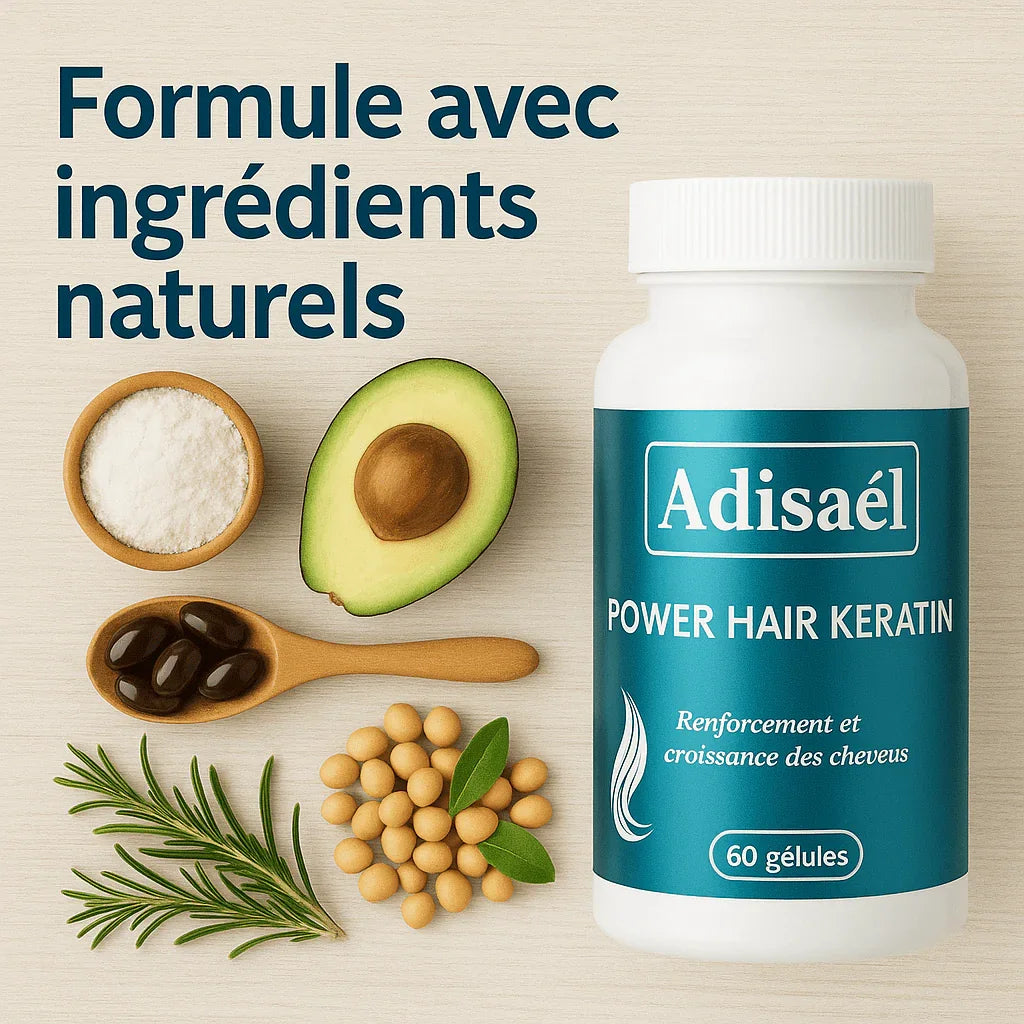 Complément Adisaël Power Hair Keratin pour croissance et renforcement des cheveux, ingrédients naturels
