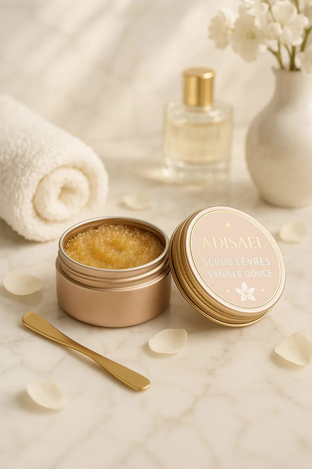 Open jar of ADISAEL vanilla lip scrub with golden spatula, rolled towel, perfume bottle, and white flowers on marble surface