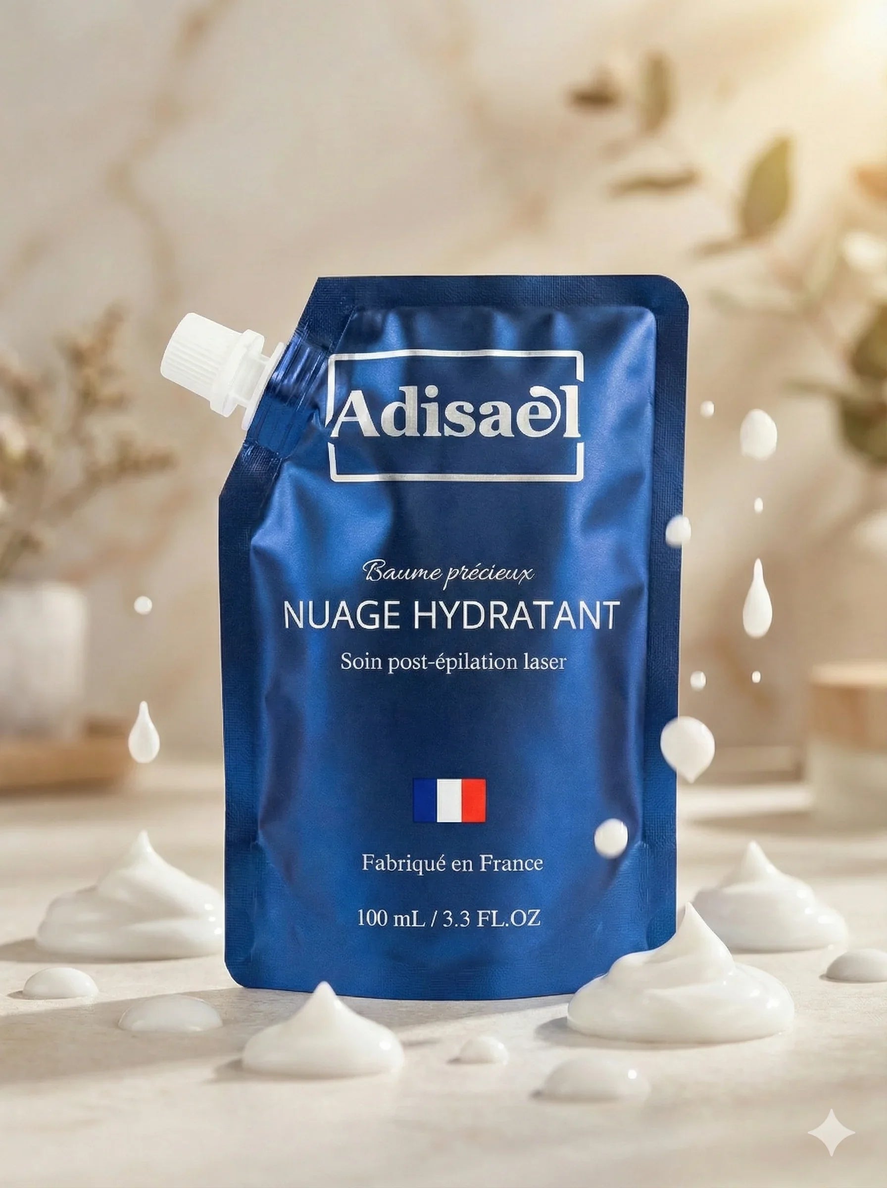Soin hydratant Adisael, baume bleu post-épilation, texture crème, fabriqué en France.