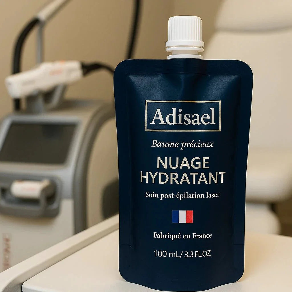 Sachet bleu Adisael Baume précieux Nuage Hydratant soin post-épilation laser fabriqué en France 100 ml