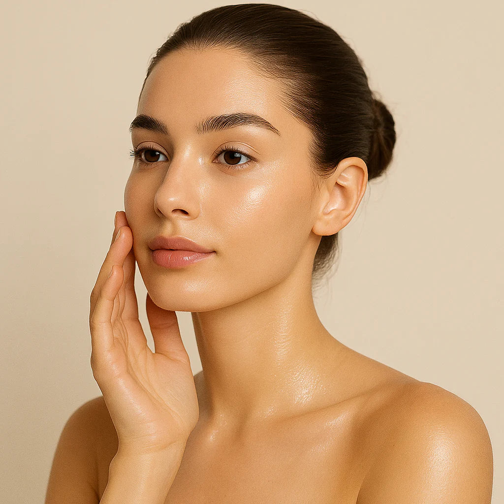 femme au teint lumineux touchant son visage, soin de la peau haute couture, peau nette et éclatante