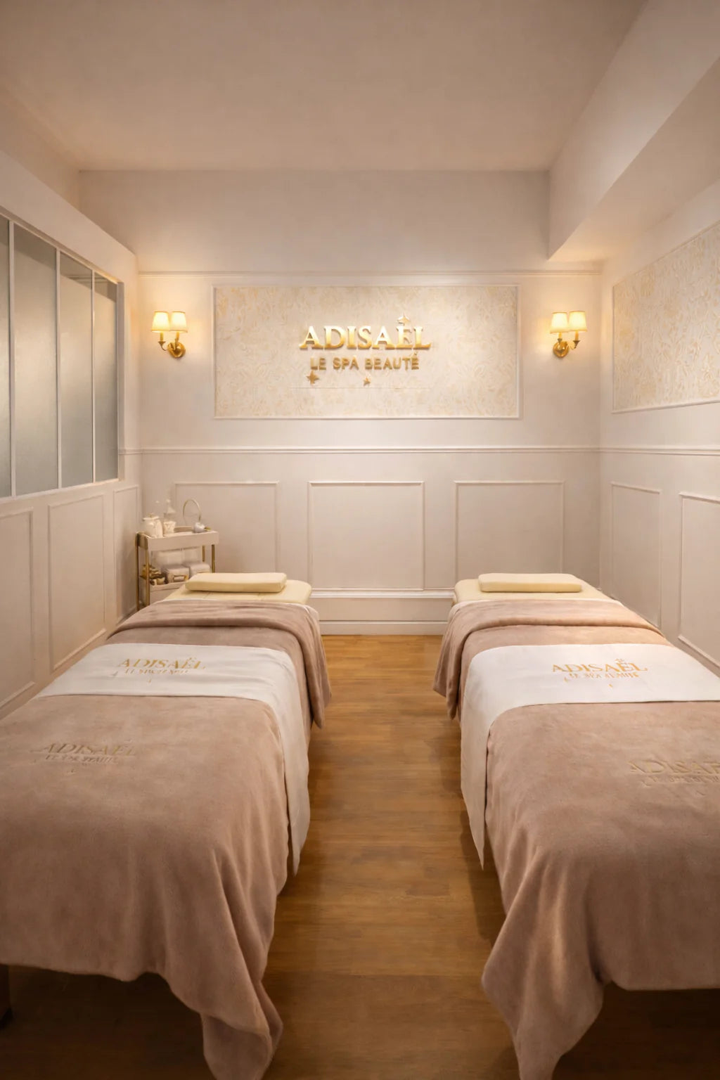 Salle de spa élégante avec deux tables de massage ADISAEL, ambiance douce et éclairage chaleureux