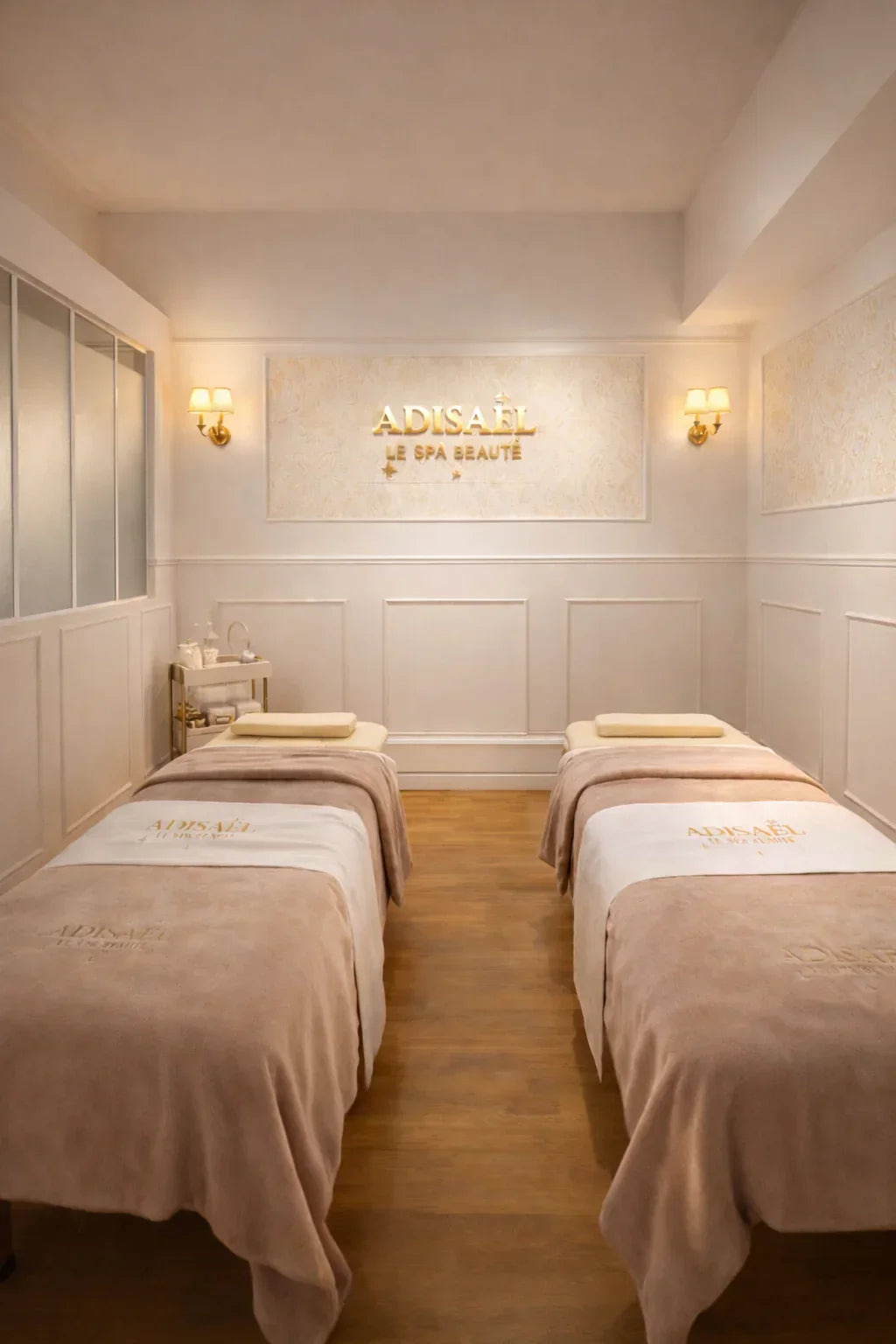 Salle de spa élégante avec deux tables de massage ADISAEL, ambiance douce et éclairage chaleureux