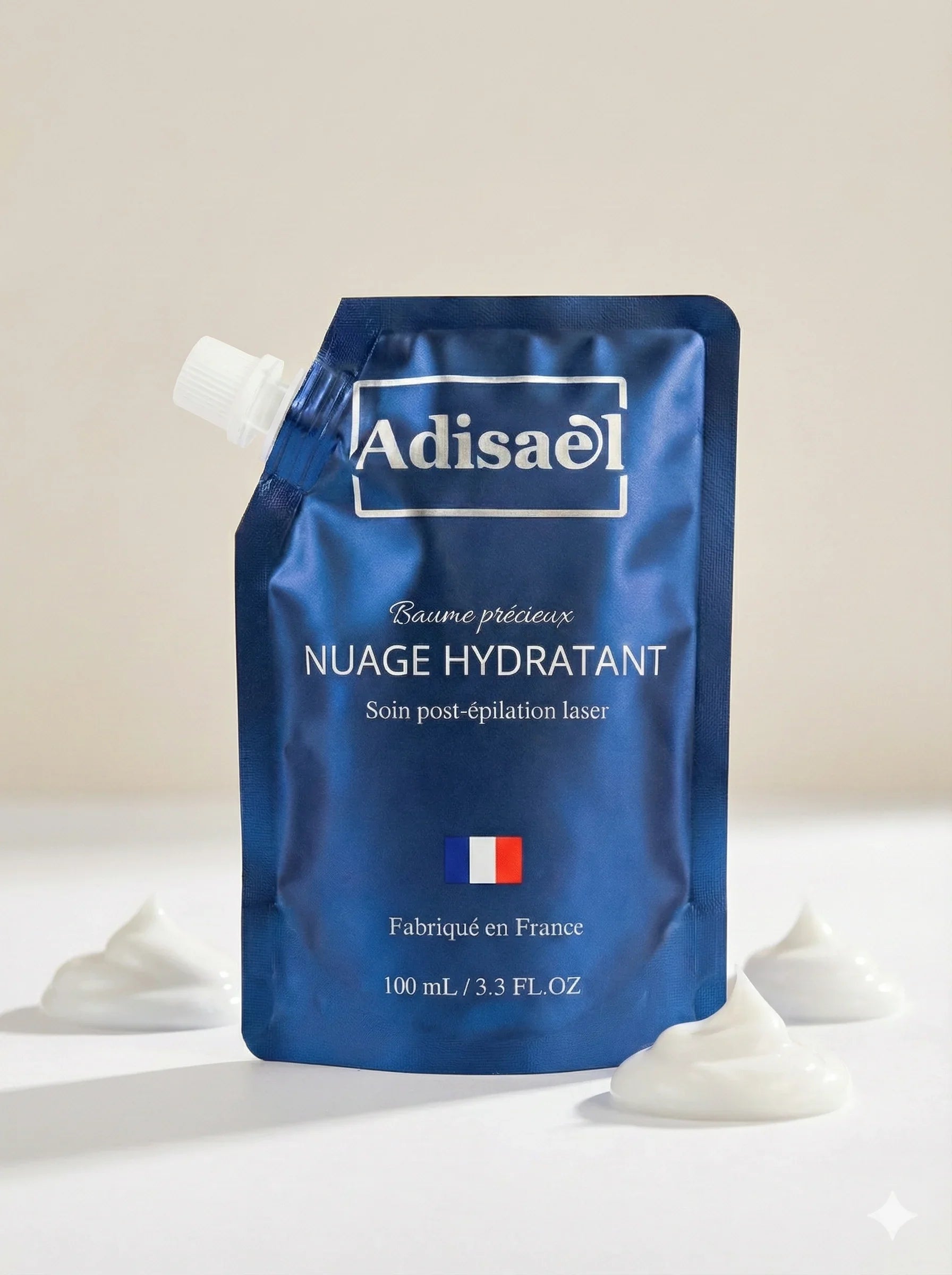 Crème hydratante Adisael Nuage Hydratant en sachet bleu, soin post-épilation laser, 100mL.