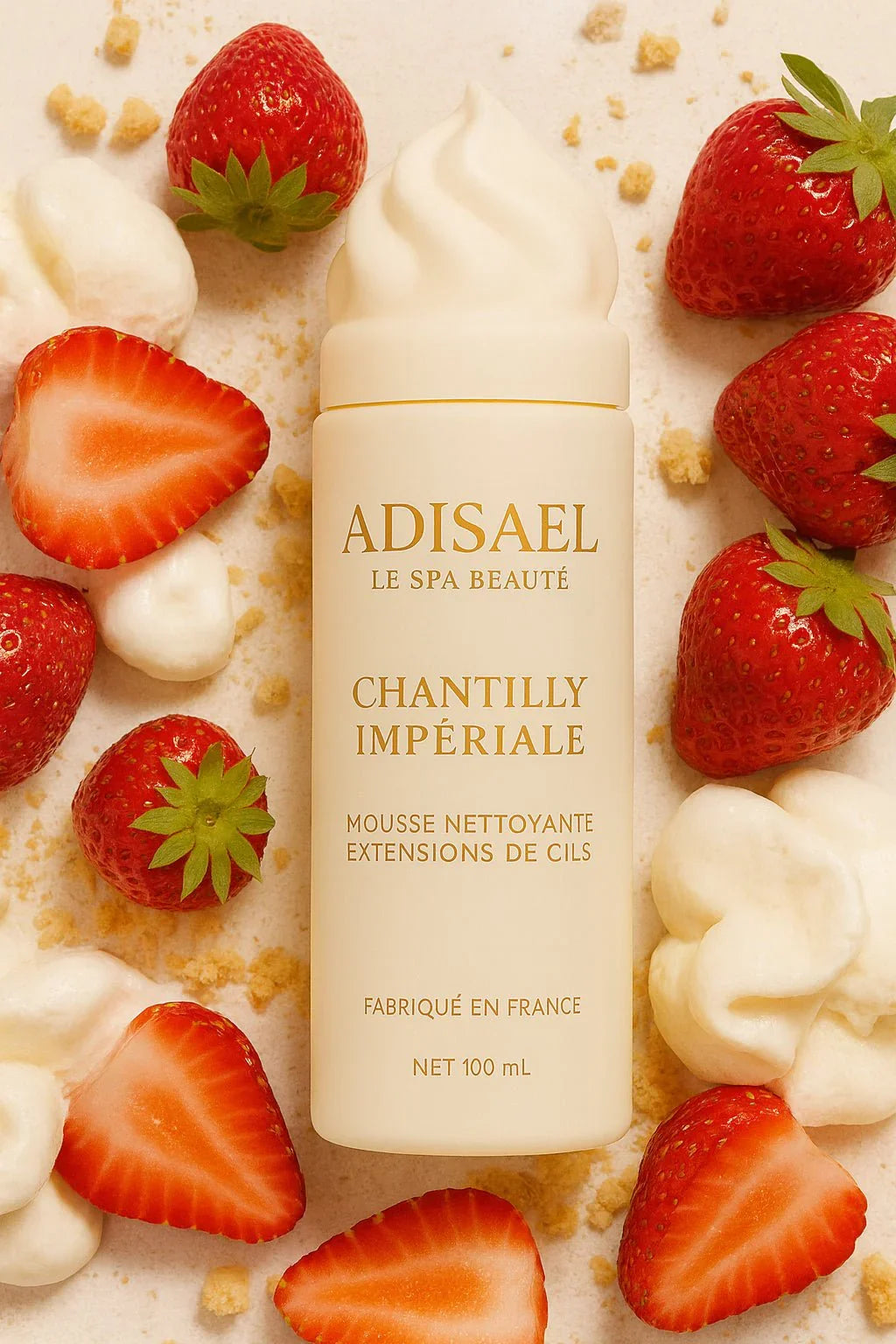 Adisael Chantilly Impériale eyelash extension cleansing mousse bottle with fresh strawberries and whipped cream