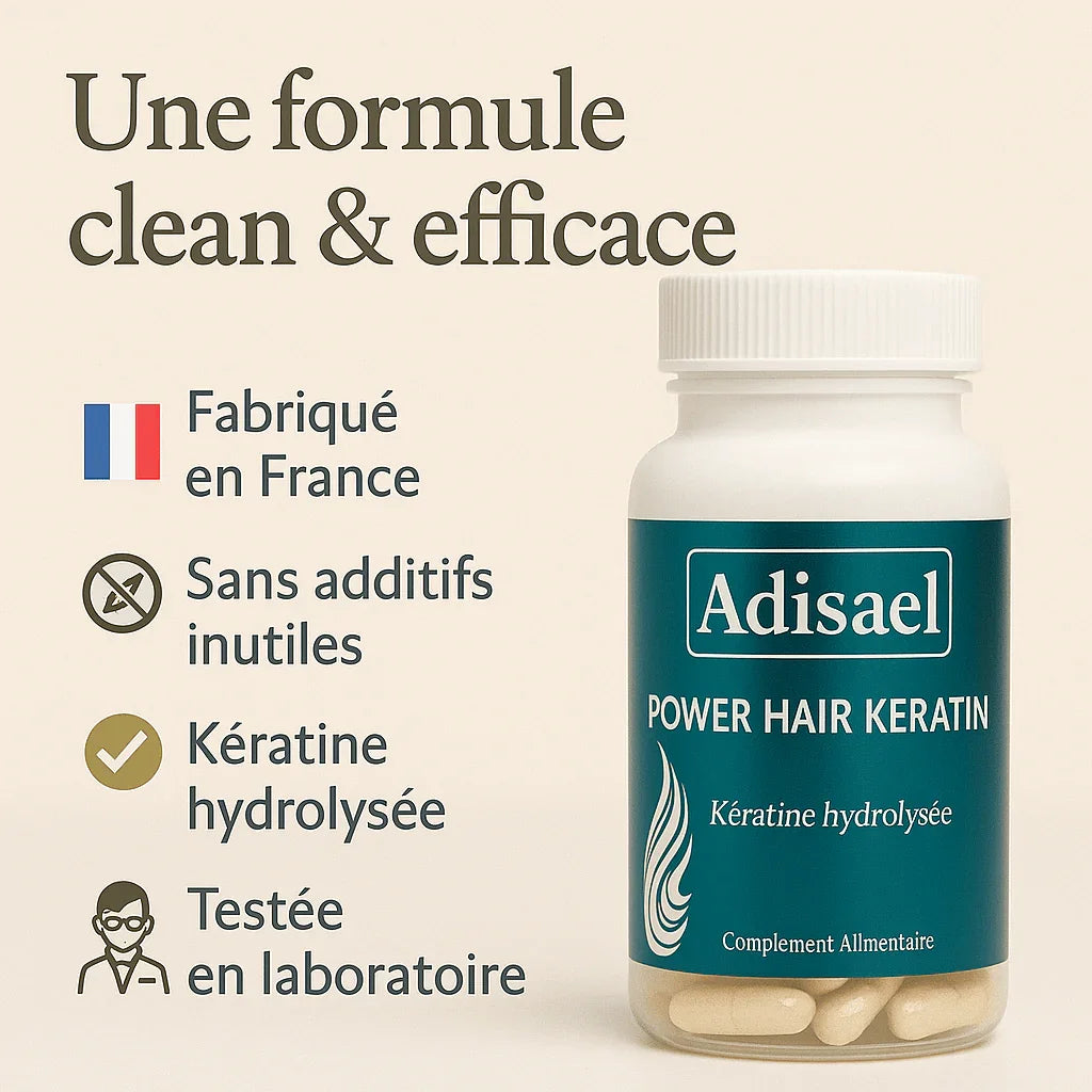 Complément alimentaire Adisael Power Hair Keratin, kératine hydrolysée, fabriqué en France, testé en laboratoire