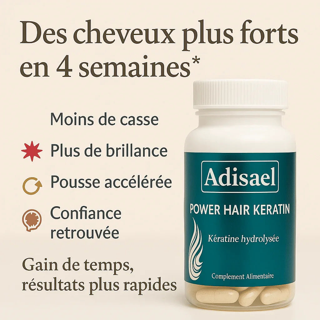 Complément alimentaire Adisael Power Hair Keratin pour cheveux plus forts et éclatants en 4 semaines