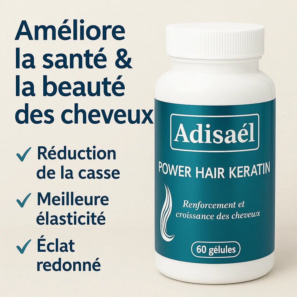 Flacon Adisaél Power Hair Keratin 60 gélules pour santé, beauté, éclat et élasticité des cheveux