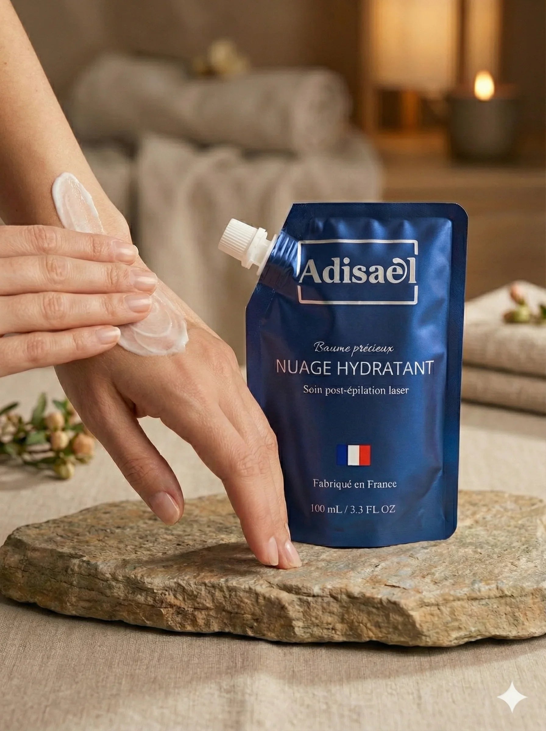 Soin post-épilation laser Adisaël appliqué sur la main, baume hydratant luxe, peau nette.